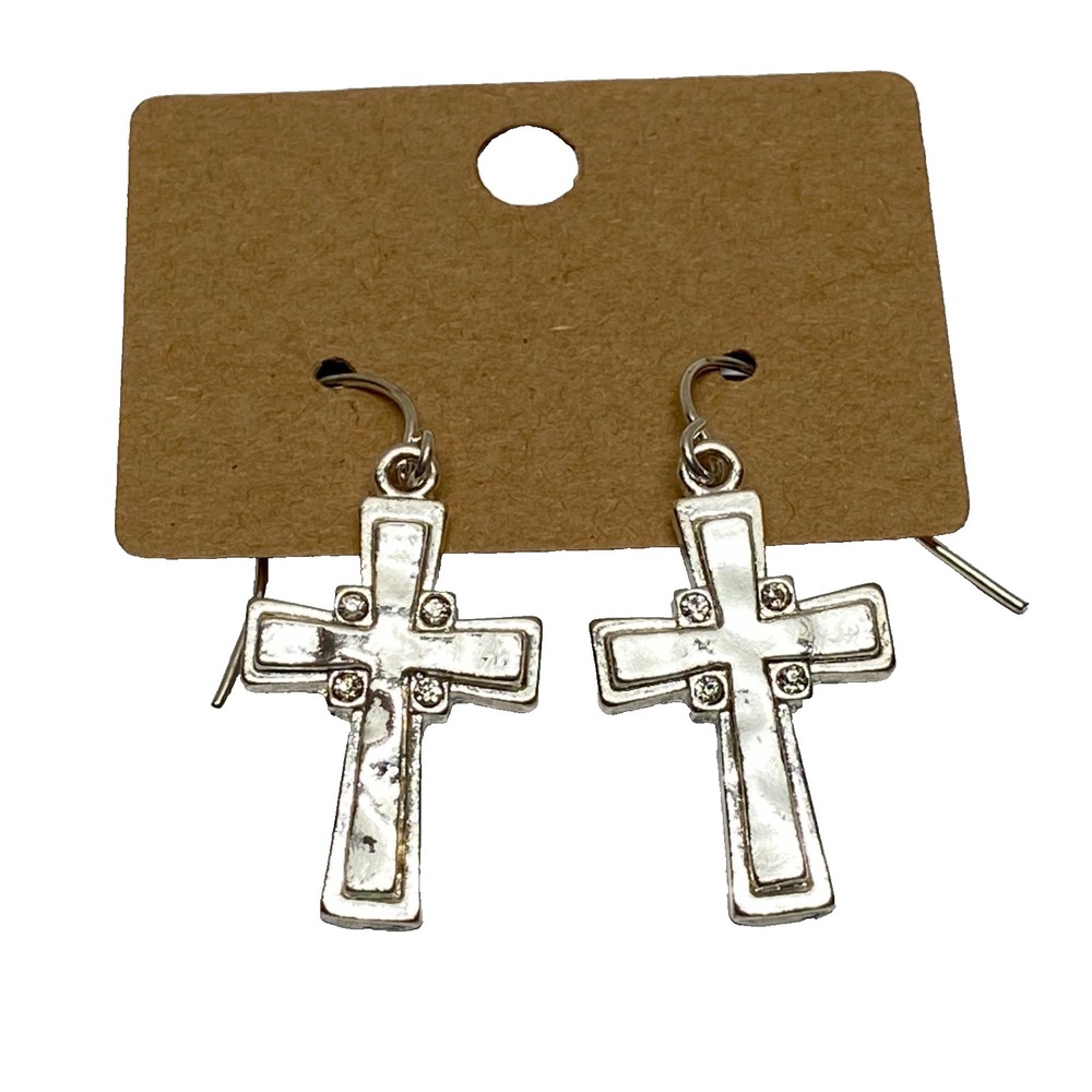 Silver Cross Earrings Rhinestone Faith Bling Lightweight Ear Fashion Jewelry New